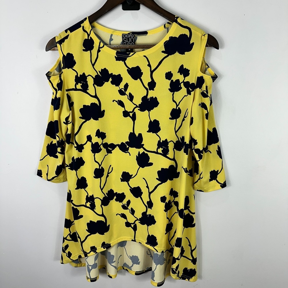 Clara Sun Woo Top M Yellow Navy‎ Cold Shoulder Floral Bold Print Artsy Boho